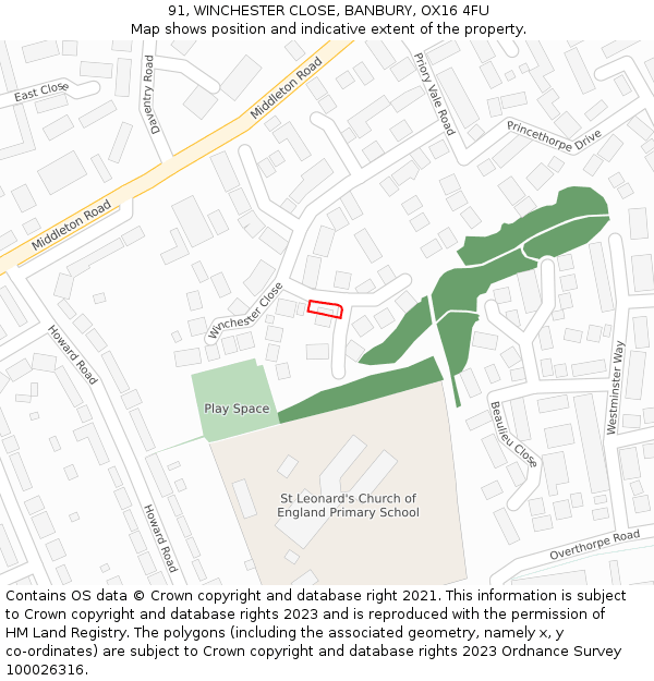 91, WINCHESTER CLOSE, BANBURY, OX16 4FU: Location map and indicative extent of plot