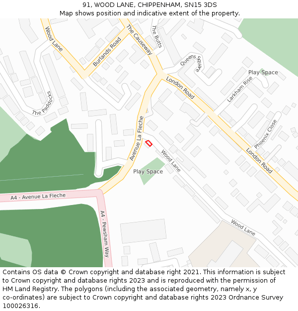 91, WOOD LANE, CHIPPENHAM, SN15 3DS: Location map and indicative extent of plot