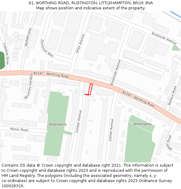 91, WORTHING ROAD, RUSTINGTON, LITTLEHAMPTON, BN16 3NA: Location map and indicative extent of plot