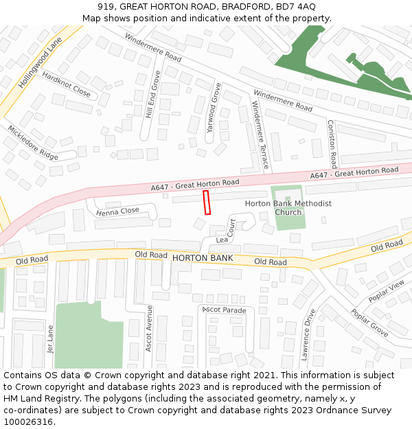 919, GREAT HORTON ROAD, BRADFORD, BD7 4AQ: Location map and indicative extent of plot