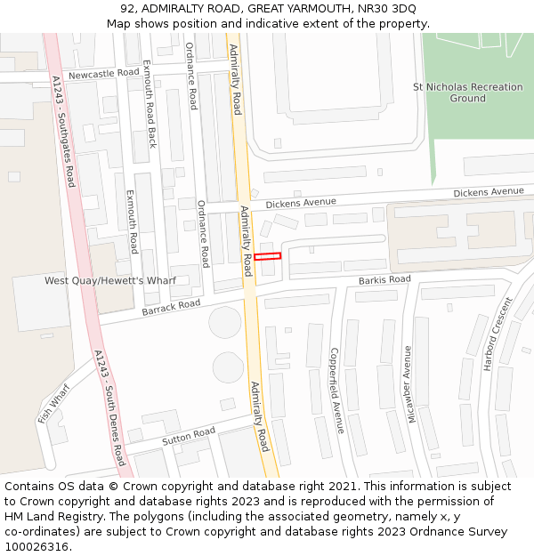 92, ADMIRALTY ROAD, GREAT YARMOUTH, NR30 3DQ: Location map and indicative extent of plot