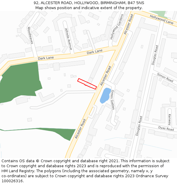 92, ALCESTER ROAD, HOLLYWOOD, BIRMINGHAM, B47 5NS: Location map and indicative extent of plot