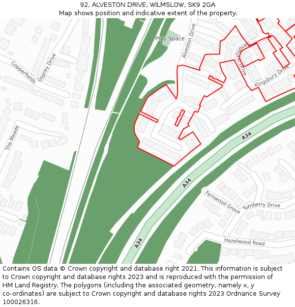 92, ALVESTON DRIVE, WILMSLOW, SK9 2GA: Location map and indicative extent of plot