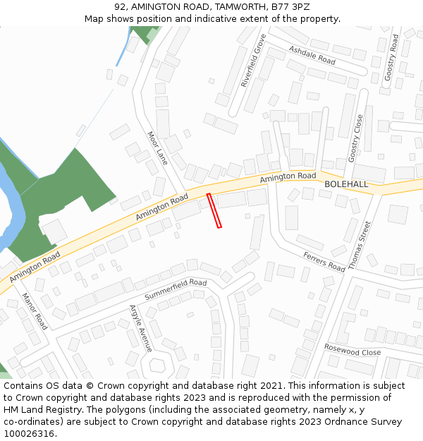 92, AMINGTON ROAD, TAMWORTH, B77 3PZ: Location map and indicative extent of plot
