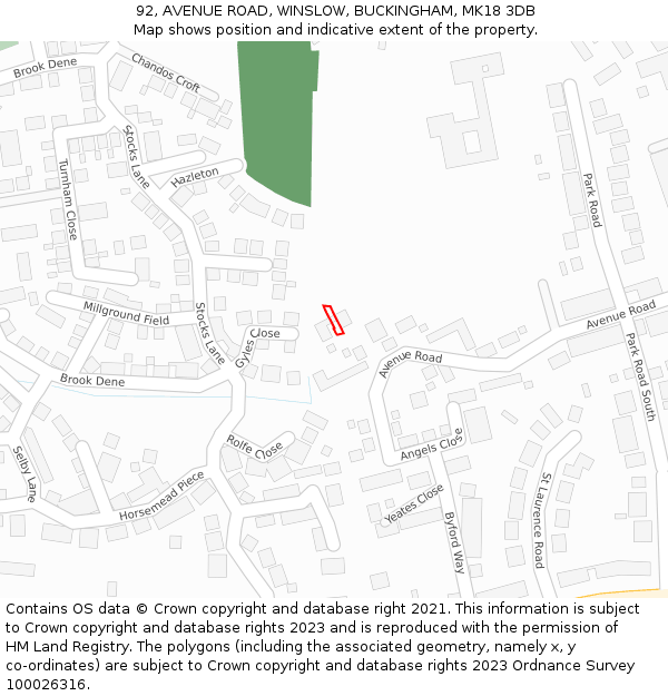 92, AVENUE ROAD, WINSLOW, BUCKINGHAM, MK18 3DB: Location map and indicative extent of plot