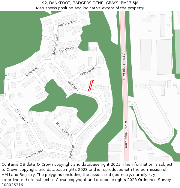 92, BANKFOOT, BADGERS DENE, GRAYS, RM17 5JA: Location map and indicative extent of plot