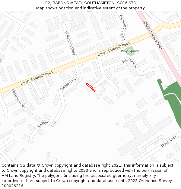 92, BARONS MEAD, SOUTHAMPTON, SO16 9TD: Location map and indicative extent of plot