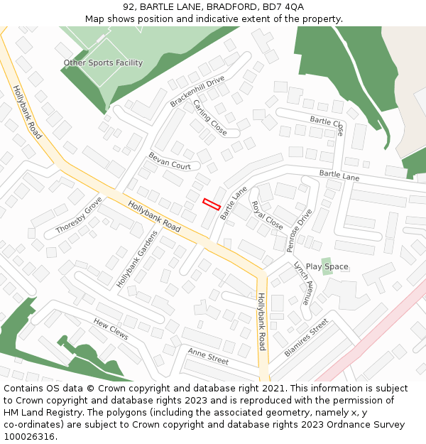 92, BARTLE LANE, BRADFORD, BD7 4QA: Location map and indicative extent of plot