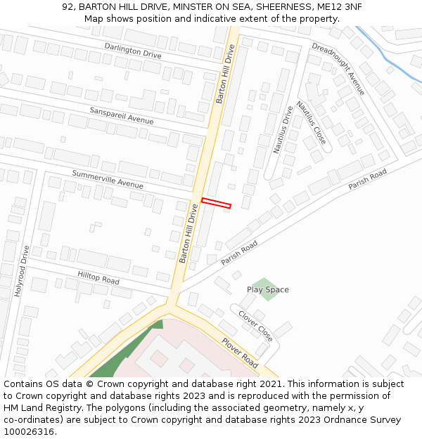 92, BARTON HILL DRIVE, MINSTER ON SEA, SHEERNESS, ME12 3NF: Location map and indicative extent of plot