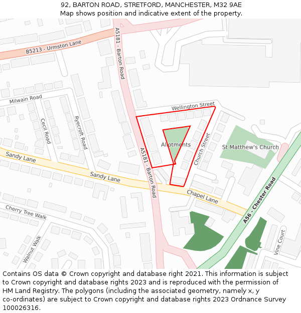 92, BARTON ROAD, STRETFORD, MANCHESTER, M32 9AE: Location map and indicative extent of plot