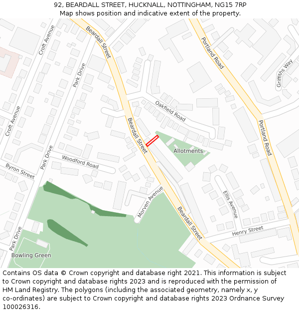 92, BEARDALL STREET, HUCKNALL, NOTTINGHAM, NG15 7RP: Location map and indicative extent of plot