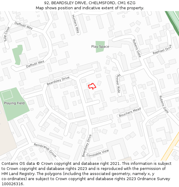 92, BEARDSLEY DRIVE, CHELMSFORD, CM1 6ZG: Location map and indicative extent of plot