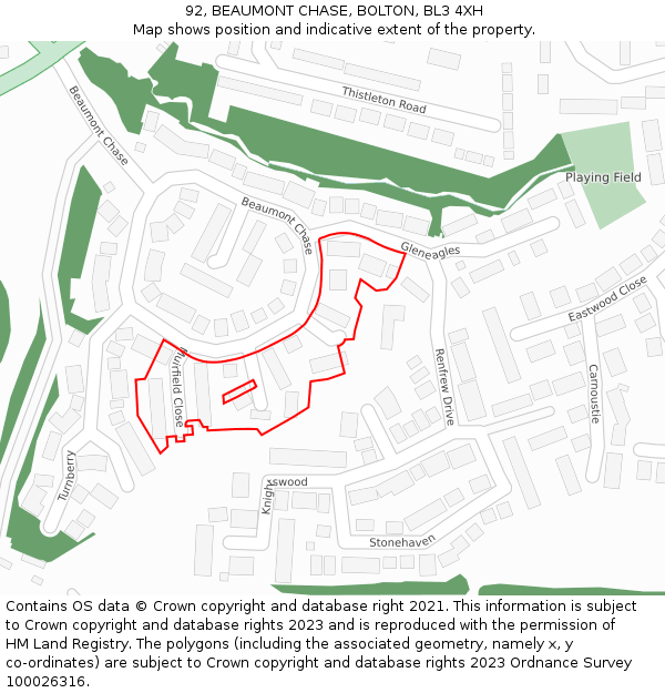92, BEAUMONT CHASE, BOLTON, BL3 4XH: Location map and indicative extent of plot
