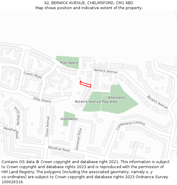 92, BERWICK AVENUE, CHELMSFORD, CM1 4BD: Location map and indicative extent of plot