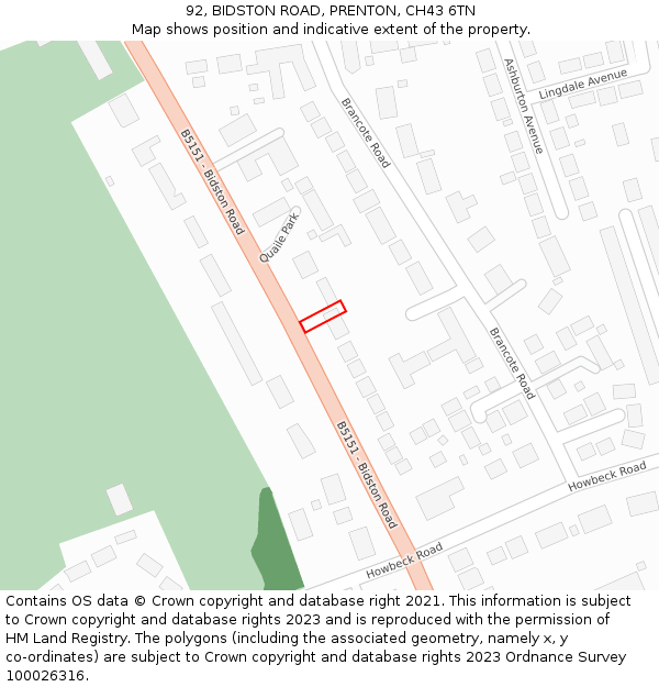 92, BIDSTON ROAD, PRENTON, CH43 6TN: Location map and indicative extent of plot