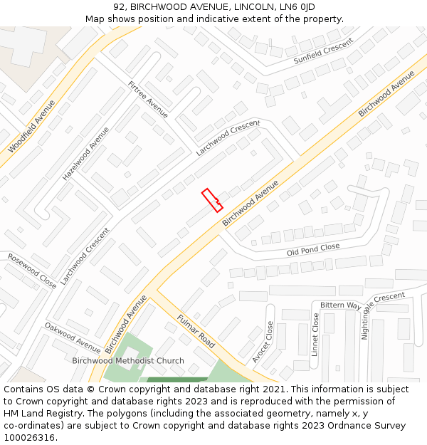 92, BIRCHWOOD AVENUE, LINCOLN, LN6 0JD: Location map and indicative extent of plot