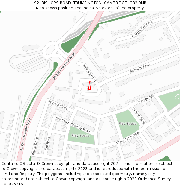 92, BISHOPS ROAD, TRUMPINGTON, CAMBRIDGE, CB2 9NR: Location map and indicative extent of plot