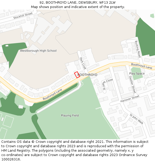 92, BOOTHROYD LANE, DEWSBURY, WF13 2LW: Location map and indicative extent of plot