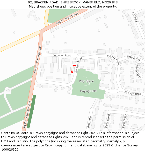 92, BRACKEN ROAD, SHIREBROOK, MANSFIELD, NG20 8FB: Location map and indicative extent of plot