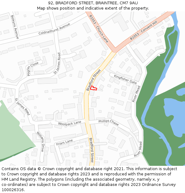 92, BRADFORD STREET, BRAINTREE, CM7 9AU: Location map and indicative extent of plot
