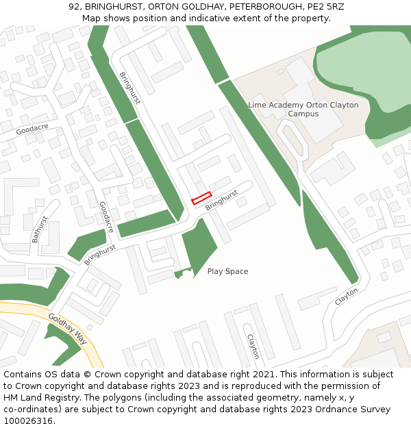92, BRINGHURST, ORTON GOLDHAY, PETERBOROUGH, PE2 5RZ: Location map and indicative extent of plot