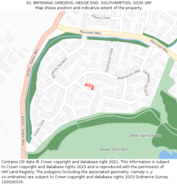 92, BRITANNIA GARDENS, HEDGE END, SOUTHAMPTON, SO30 2RP: Location map and indicative extent of plot