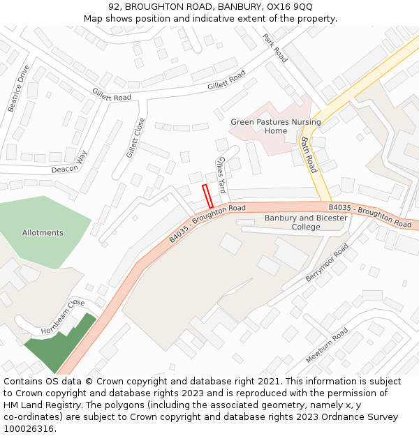 92, BROUGHTON ROAD, BANBURY, OX16 9QQ: Location map and indicative extent of plot