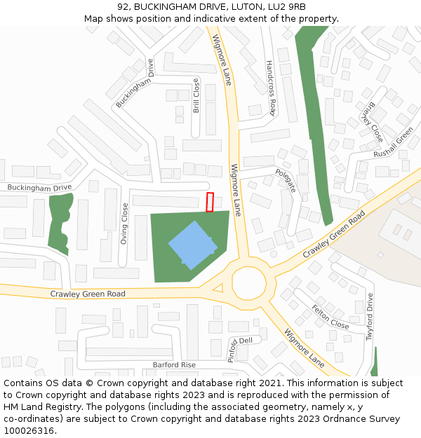 92, BUCKINGHAM DRIVE, LUTON, LU2 9RB: Location map and indicative extent of plot