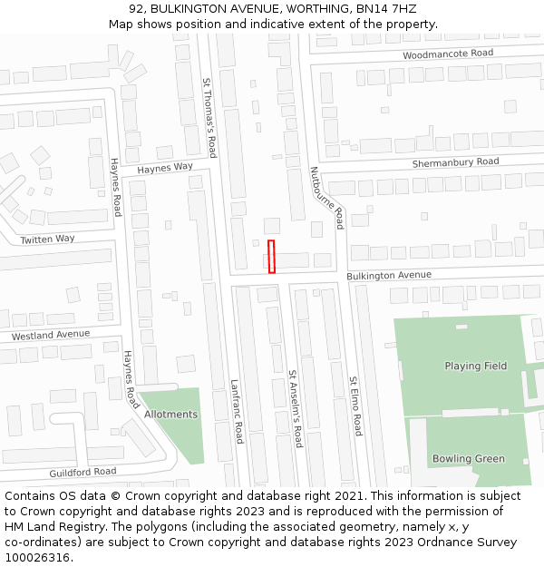 92, BULKINGTON AVENUE, WORTHING, BN14 7HZ: Location map and indicative extent of plot