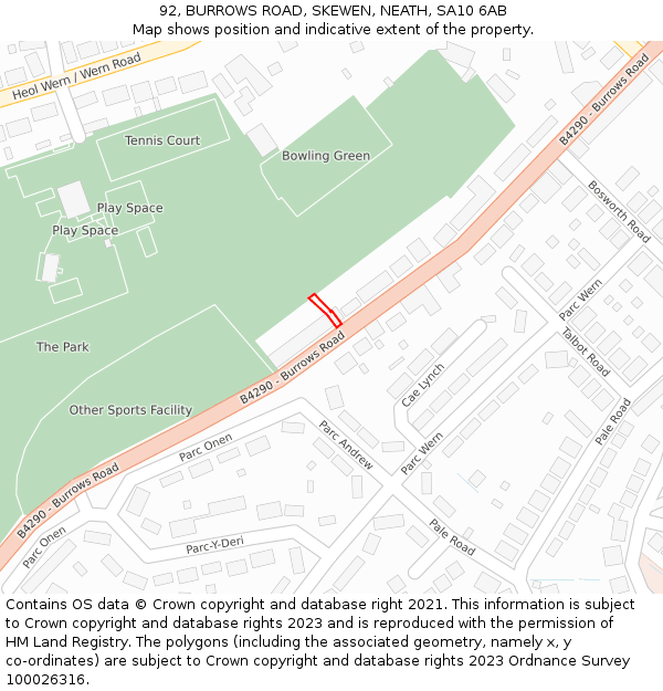 92, BURROWS ROAD, SKEWEN, NEATH, SA10 6AB: Location map and indicative extent of plot