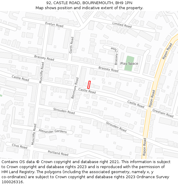 92, CASTLE ROAD, BOURNEMOUTH, BH9 1PN: Location map and indicative extent of plot
