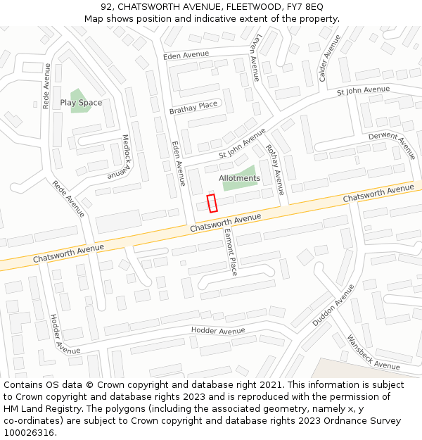92, CHATSWORTH AVENUE, FLEETWOOD, FY7 8EQ: Location map and indicative extent of plot