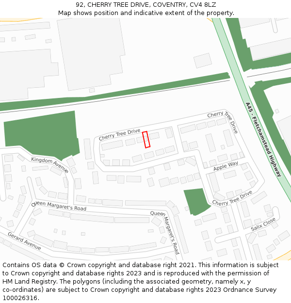 92, CHERRY TREE DRIVE, COVENTRY, CV4 8LZ: Location map and indicative extent of plot