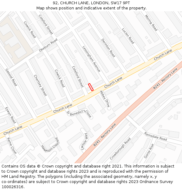 92, CHURCH LANE, LONDON, SW17 9PT: Location map and indicative extent of plot
