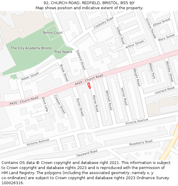 92, CHURCH ROAD, REDFIELD, BRISTOL, BS5 9JY: Location map and indicative extent of plot