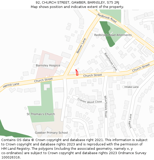 92, CHURCH STREET, GAWBER, BARNSLEY, S75 2RJ: Location map and indicative extent of plot