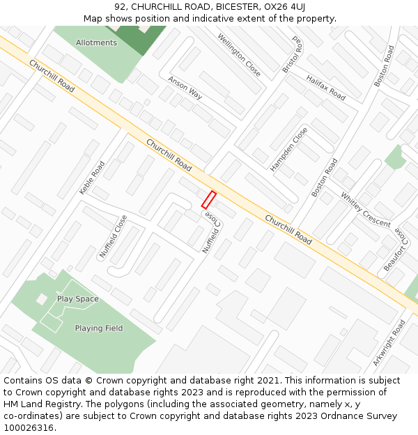92, CHURCHILL ROAD, BICESTER, OX26 4UJ: Location map and indicative extent of plot