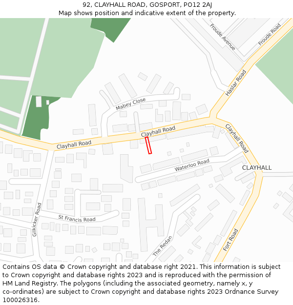 92, CLAYHALL ROAD, GOSPORT, PO12 2AJ: Location map and indicative extent of plot