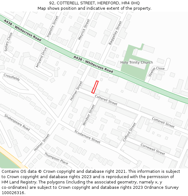 92, COTTERELL STREET, HEREFORD, HR4 0HQ: Location map and indicative extent of plot