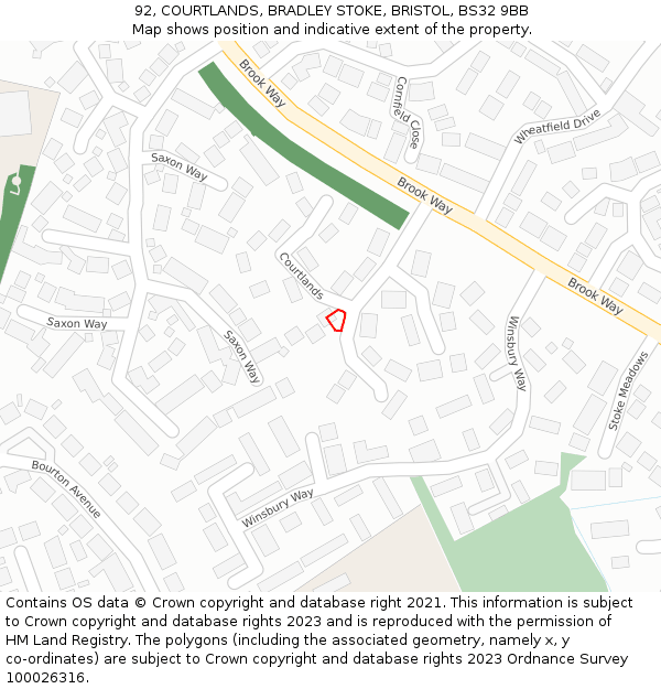 92, COURTLANDS, BRADLEY STOKE, BRISTOL, BS32 9BB: Location map and indicative extent of plot