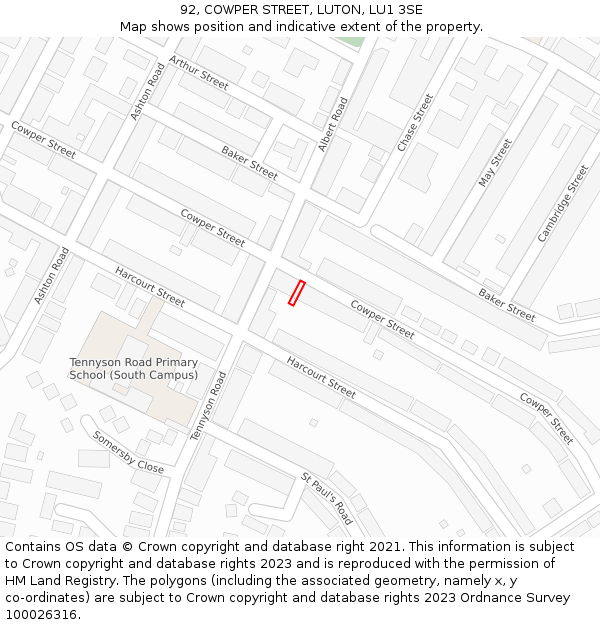 92, COWPER STREET, LUTON, LU1 3SE: Location map and indicative extent of plot