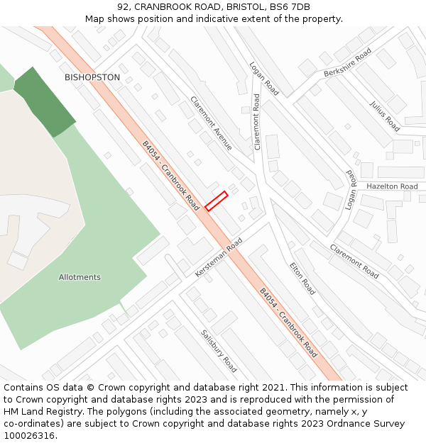 92, CRANBROOK ROAD, BRISTOL, BS6 7DB: Location map and indicative extent of plot