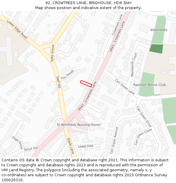 92, CROWTREES LANE, BRIGHOUSE, HD6 3NH: Location map and indicative extent of plot