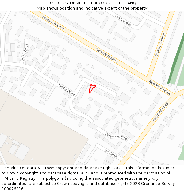 92, DERBY DRIVE, PETERBOROUGH, PE1 4NQ: Location map and indicative extent of plot