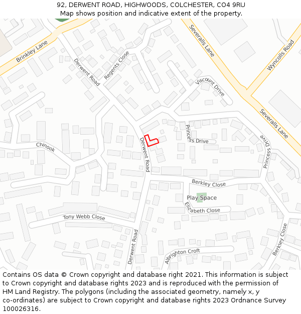 92, DERWENT ROAD, HIGHWOODS, COLCHESTER, CO4 9RU: Location map and indicative extent of plot