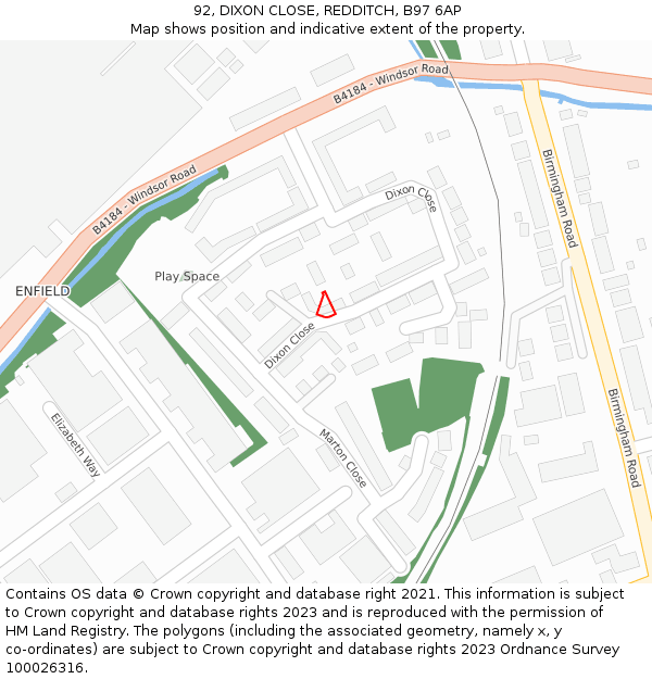 92, DIXON CLOSE, REDDITCH, B97 6AP: Location map and indicative extent of plot