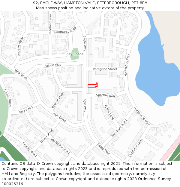 92, EAGLE WAY, HAMPTON VALE, PETERBOROUGH, PE7 8EA: Location map and indicative extent of plot