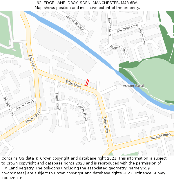 92, EDGE LANE, DROYLSDEN, MANCHESTER, M43 6BA: Location map and indicative extent of plot