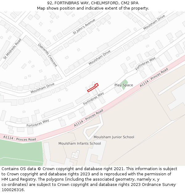 92, FORTINBRAS WAY, CHELMSFORD, CM2 9PA: Location map and indicative extent of plot