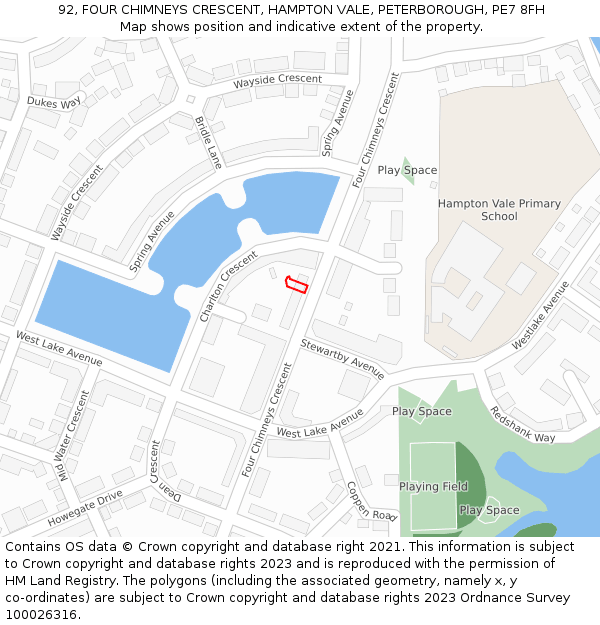 92, FOUR CHIMNEYS CRESCENT, HAMPTON VALE, PETERBOROUGH, PE7 8FH: Location map and indicative extent of plot